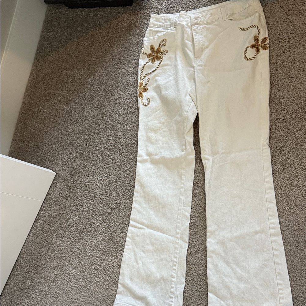 Boston Proper White Jeans with Gold Floral Embroidery
